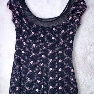 Black with pink embroidered flowers dress.